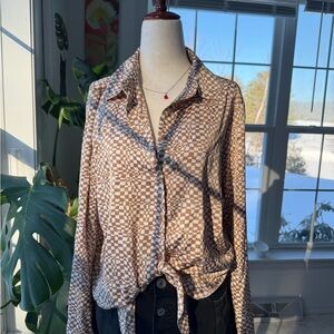 Brown and Cream Retro Checkered Women's Blouse